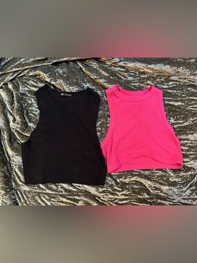 Black & Hot Pink Ribbed Crop Tank Tops